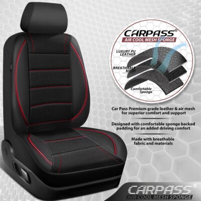 CAR PASS Mesh Leather Car Seat Covers Full Set,Breathable Mesh Faux Leather Seat Covers for Car, Universal Fit for SUV Truck Sedan Automotive, Airbag Compatible, Black and Red - Image 4
