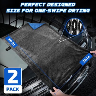 2-Pack 1200 GSM Car Drying Towels – Microfiber Towels for Cars (36" x 24"), Ultra-Absorbent, Streak-Free, Scratch-Free, No Water Spots, Double-Twist Pile & Edgeless Design(Blue) - Image 3