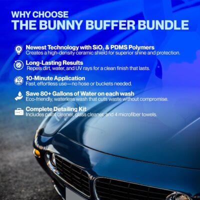 Bunny Buffer Bundle, Waterless SiO2 Ceramic Car Wash & Protect Kit with Auto Body Clean and Protect Spray, Glass Cleaner, & 4 Microfiber Towels, Spray and Wipe Car Detailing Kit, 6 Piece Set - Image 5