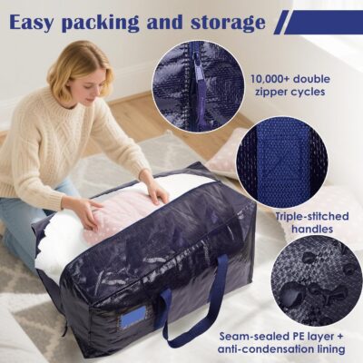6 Pack Extra Large Heavy Duty Moving Bags with Reinforced Zipper & Wide Handles, Moisture-Resistant Storage Bins Packing Cubes for Clothes, College Dorm, Travel, and Home Organization, Dark Blue - Image 5