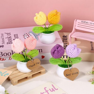 3 PCS Crochet Flower Pot,Crochet Tulip Small Potted Plants Handmade Knitted Flower Mothers Day Valentines Gifts Desk Car Dashboard Decor Gifts - Image 4