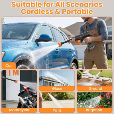 Cordless Pressure Washer, 1450PSI Portable Power Washer with 6-in-1 Nozzle, 21V Handheld Pressure Washer with 2 Rechargeable Power Batteries, Garden Hose Power Washer for Cars, All-Purpose - Image 6