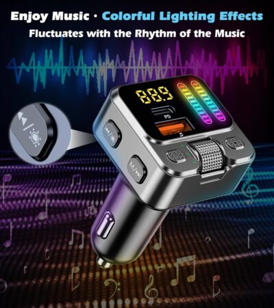Bluetooth 5.3 Car Adapter with FM Transmitter & 42W PD Fast Charging, Wireless AUX/USB Music Receiver, Hands-Free Calls, Beat Sync LED Lights for Car Stereo, Compatible with All 12V-24V Vehicles - Image 5