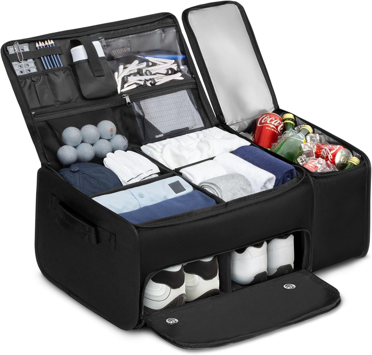 81uB3l592XL._AC_SL1500_.jpg Golf Trunk Organizer with Built-in Hard Frame & Insulated Cooler Compartment, Ventilated Shoe Storage for 2 Pairs(Up to Mens US 11), Car Trunk Locker for Balls, Tees, Polos, Gloves - Black - Image 1