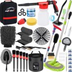 AUTODECO 44Pcs Car Wash Detailing Kit Cleaning Kits with Foam Gun Sprayer Wash Mop with Long Handle Collapsible Bucket Large Wash Mitt Towels Complete Interior Exterior Car Washing Supply Set Black