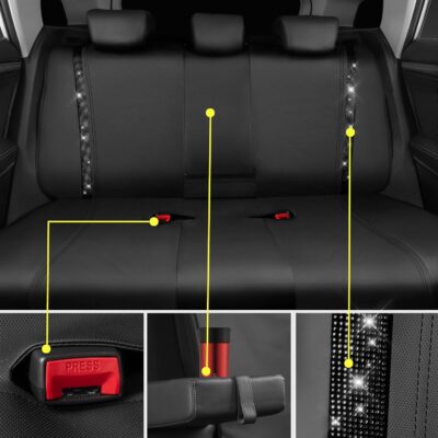 CAR PASS Leather Bling Diamond Car Seat Covers Full Set, Shining Rhinestone Waterproof Durable Rear with Zipper, Universal Fit Automotive Glitter Crystal Sparkle Strip for Cute Women Girly Black - Image 6