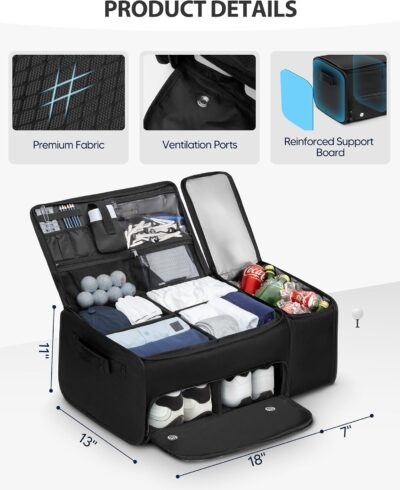 Golf Trunk Organizer with Built-in Hard Frame & Insulated Cooler Compartment, Ventilated Shoe Storage for 2 Pairs(Up to Mens US 11), Car Trunk Locker for Balls, Tees, Polos, Gloves - Black - Image 5