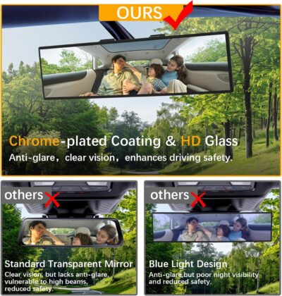 Rear View Mirror, Chrome Anti-glare Panoramic Rear Mirrors Universal 12 Inch Convex Car Interior Clip on Extra Big Wide Angle Rearview Mirror Extender to Reduce Blind Spot for Car SUV Trucks - Image 4