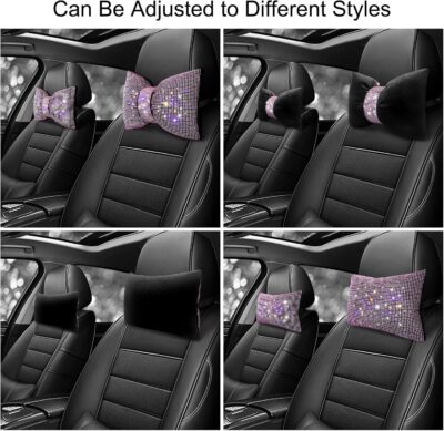 surpassme 2PCS Rhinestone Car Headrest Neck Pillow for Driving with Bling Bling Crystal Bow Pillow Car Accessories for Women (Pink) - Image 3