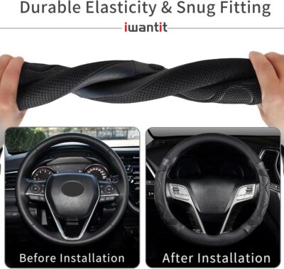 Iwantit® Car Steering Wheel Covers with 3D Silicone Honeycomb for Men,Anti-Slip Design and Breathable Fabric,Universal Fit 14.5-15 Inches (Full Black) - Image 5