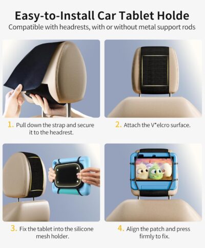 FANGOR Car Headrest Mount Holder, Tablet Holder for Kids in Back Seats, Anti-Slip Strap and Holding Net,Angle-Adjustable/Fits All 7 Inch to 12.9 Inch Tablets - Image 6