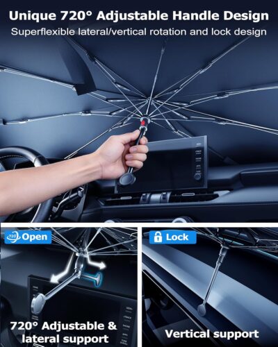 DMJN Umbrella Windshield Sun Shade for Tesla New Model Y Juniper, Y & 3, Car Sunshade for Front Windshield [Nano Ice-Crystal Coatings] UPF50+ Heat & UV Block, Protect Interior & Keep Cooler - Image 5