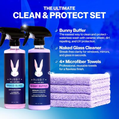 Bunny Buffer Bundle, Waterless SiO2 Ceramic Car Wash & Protect Kit with Auto Body Clean and Protect Spray, Glass Cleaner, & 4 Microfiber Towels, Spray and Wipe Car Detailing Kit, 6 Piece Set - Image 3