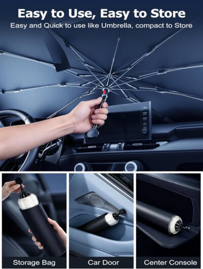 DMJN Umbrella Windshield Sun Shade for Tesla New Model Y Juniper, Y & 3, Car Sunshade for Front Windshield [Nano Ice-Crystal Coatings] UPF50+ Heat & UV Block, Protect Interior & Keep Cooler - Image 9