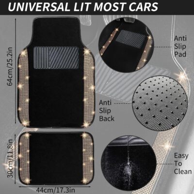 NBTEPEM 12 Pcs Bling Car Accessories Set for Women Car Floor Mats Full Set Steering Wheel Cover Seat Belt Covers Coasters Universal Fit Car SUV Truck Van Gold - Image 4