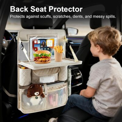 Car Backseat Organizer with Foldable Table Tray - 11 Storage Pockets PU Leather Back Seat Organizer with Tablet Holder, Seat Back Protector for Kids Family Road Trip Travel Accessories (Beige) - Image 5