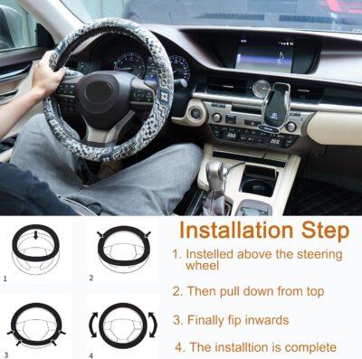 Boho Steering Wheel Cover, Bohemian Cloth Car Steering Wheel for Women Breathable Flax Ethnic Style Steering Wheel Accessories Cover Sweat-Absorbing Anti-Slip Fits 14 1/2-15 Inch - Black - Image 4