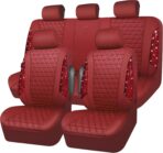 CAR PASS Bling Diamond Burgundy Leather Car Seat Covers Full Sets Interior Sets, Waterproof Shining Glitter Sparkly Crystal Universal Armrest Fit Automotive Truck SUV Cute Women Girl, Red Rhinestone