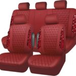 CAR PASS Bling Diamond Burgundy Leather Car Seat Covers Full Sets Interior Sets, Waterproof Shining Glitter Sparkly Crystal Universal Armrest Fit Automotive Truck SUV Cute Women Girl, Red Rhinestone
