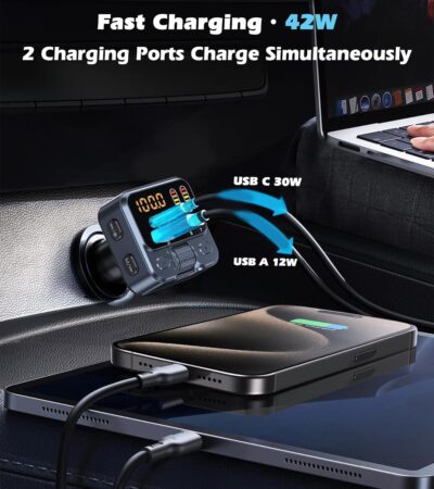 Bluetooth 5.3 Car Adapter with FM Transmitter & 42W PD Fast Charging, Wireless AUX/USB Music Receiver, Hands-Free Calls, Beat Sync LED Lights for Car Stereo, Compatible with All 12V-24V Vehicles - Image 2