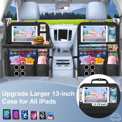Car Backseat Organizer with Table Tray(2-Pack) 9 Storage Pockets Backseat Car Organizer and storage with Tablet Holder, Kick Mats Back Seat Cover for Kids family Road Trip Essentials Travel - Image 4