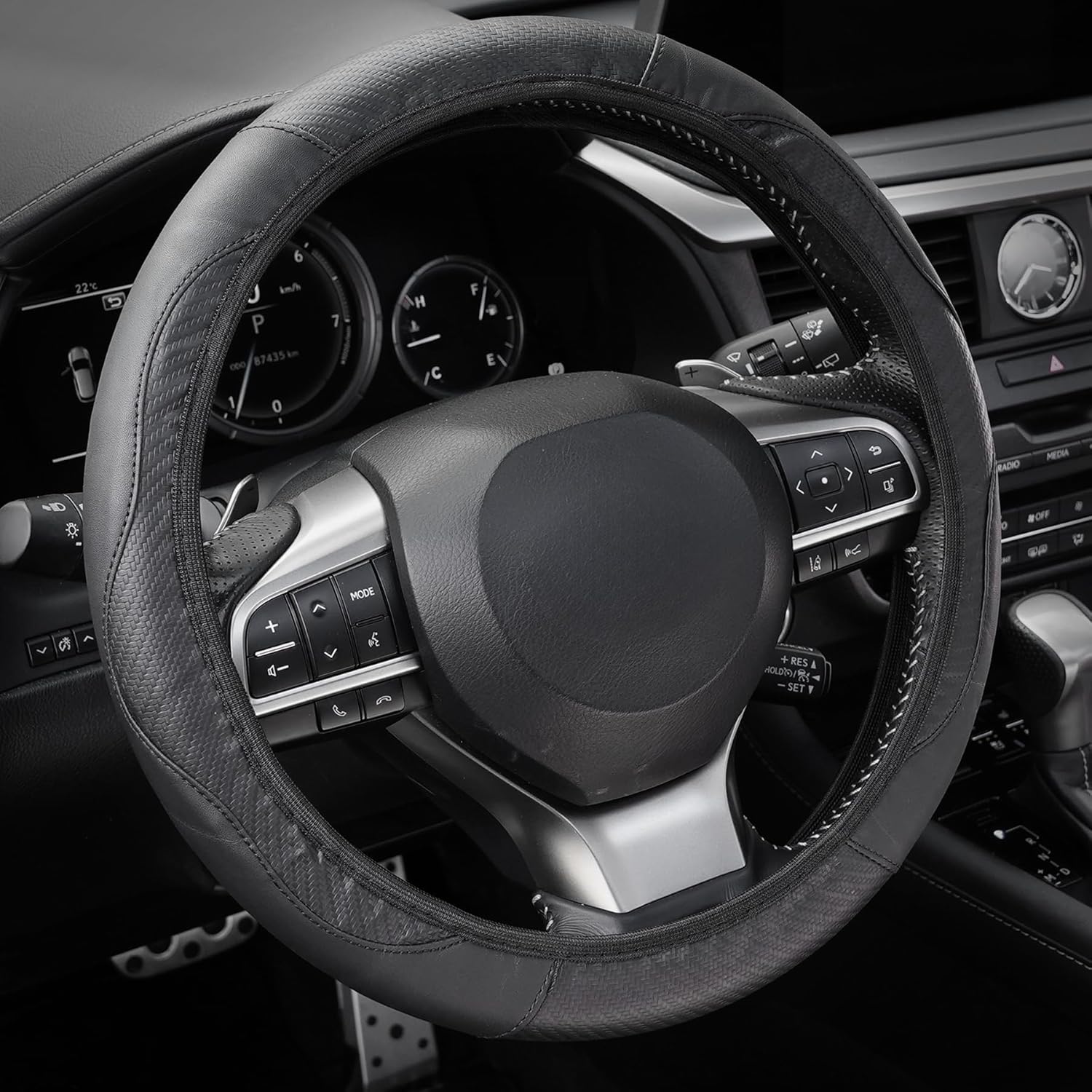 81x7QKuzRtL._AC_SL1500_.jpg Amiss Car Steering Wheel Cover, 14.5"-15" Comfortable Anti-Slip Safety Protection Design, Microfiber PU Leather Steering Wheel Cover, Universal Fit for 95% Cars, Car Interior Accessories (Black) - Image 1