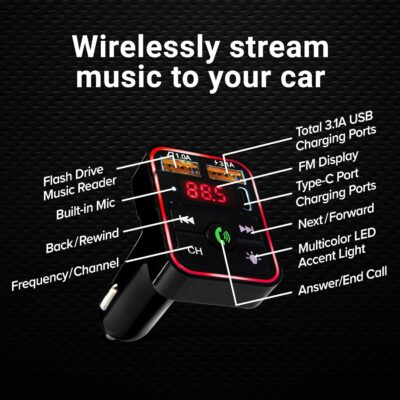 Armor All Bluetooth FM Transmitter for Car Cigarette Lighter, Hand Free Call with Built in Noise Canceling Microphone & Answer/Hang-up Button, 2 USB-A Ports, USB-C Port, Flash Drive Port, 8 LED Modes - Image 2