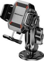 BRCOVAN Anti-Theft Phone Mount Holder with Vibration Dampener [Camera Friendly] [1s Lock & Release] with Aluminum Round Base & Medium Arm, for Car Boat Truck Motorcycle UTV, Fit 5.4-7.2'' Smartphones