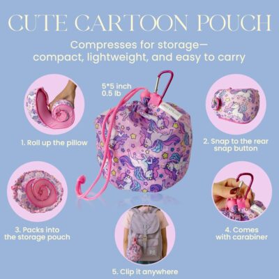 SKYTRAX® Certified Kids Safe Memory Foam Travel Neck Pillows for Kids and Toddlers, Cute Cartoon Design, Car Seat & Airplane Head Neck Support, Adjustable Snap Buttons, Washable Soft Cover (Unicorn) - Image 6