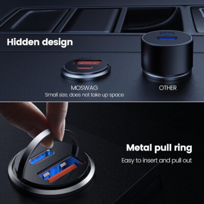 MOSWAG Car Charger, Invisible Cigarette Lighter USB Adapter [All Metal & Mini], 2 Port Car Adapter, QC3.0 Dual Port Cigarette Lighter for iPhone 17 16 Samsung S25 Ultra Piexl 10 and More - Image 5