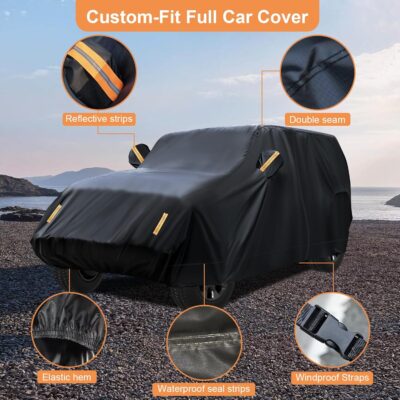600D Waterproof Car Cover Custom Fit for Jeep Wrangler 4 Door (2007-2025) JL JK TJ YJ CJ, Outdoor Car Cover Waterproof All Weather for Automobiles Sun Rain Snow Protection with Door Zipper - Image 3