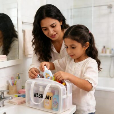 Toiletry Bag, Double Layer Clear Makeup Bag, Large Opening with Handle, Cute Water-Resistant Travel Cosmetic Bag with Double Zipper for Car Essentials - Image 4