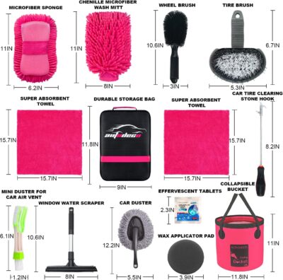 AUTODECO 22Pcs Car Wash Cleaning Tools Kit Car Detailing Set with Canvas Bag Pink Collapsible Bucket Wash Mitt Sponge Towels Tire Brush Window Scraper Duster Complete Interior Car Care Kit - Image 6