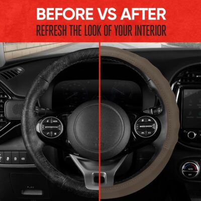 Motor Trend Soft Touch Leather Beige Steering Wheel Cover with Grooves, Advanced Traction Universal Fit for Standard Sizes 14.5 15 15.5 inches - Image 4