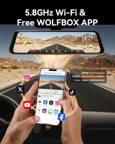 WOLFBOX 12" 4K Rear View Mirror Camera with 5.8GHz WiFi and Voice Control, Smart Mirror Dash Cam Front and Rear, Backup Camera with 1080P Rear Camera, Dash Cam with WDR, Includes 64GB Card & GPS - Image 3