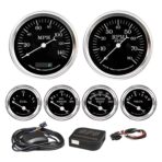 RACETECH Classic 6 Gauge Set - 85mm 3-3/8" Electrical Speedometer Tachometer - 52mm 2-1/16" Voltage Fuel Level Water Temperature Oil Pressure - 140MPH 240-33 Ohm - Black Dial White Needle
