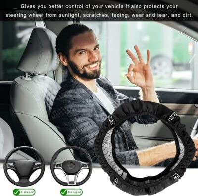 Bling Soft Leather Steering Wheel Cover, 14.5-15 Inch Sparkly Rhinestones Non-Slip Car Steering Wheel Protector, Elastic Auto Steering Wheel Cover Interior for Women Girls (Black) - Image 4