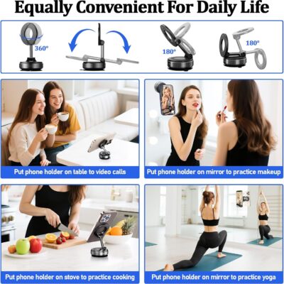 Vacuum Magnetic Car Phone Holder Stand,Reinforced Ultra-Strong Vacuum Suction Cup,360° Rotation&Foldable,Universal Dashboard Windshield/Gym/Mirror/Kitchen Phone Stand,for All iPhone Series&All Android - Image 3