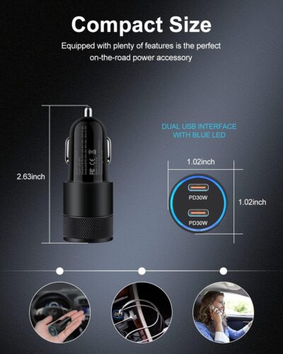 60W USB C Car Charger, Dual PD 3.0 Fast Charging Adapter Flush Fit Cigarette Lighter Plug for iPhone 17e 17 16 15 Pro Max 16e, Galaxy S26 S25 S24 Ultra S23, Google 10 9 Pro XL Type C Car Charger Block - Image 4