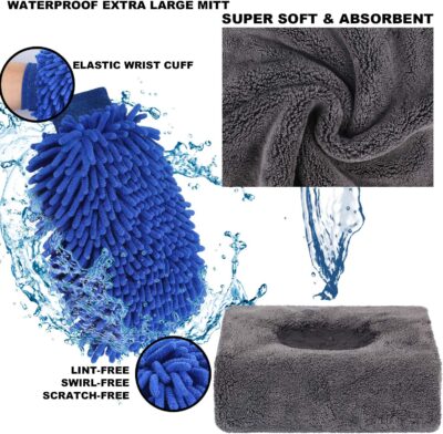 AUTODECO 22Pcs Car Wash Cleaning Tools Kit Car Detailing Set with Olive Green Canvas Bag Collapsible Bucket Wash Mitt Sponge Towels Tire Brush Window Scraper Duster Complete Interior Car Care Kit - Image 3