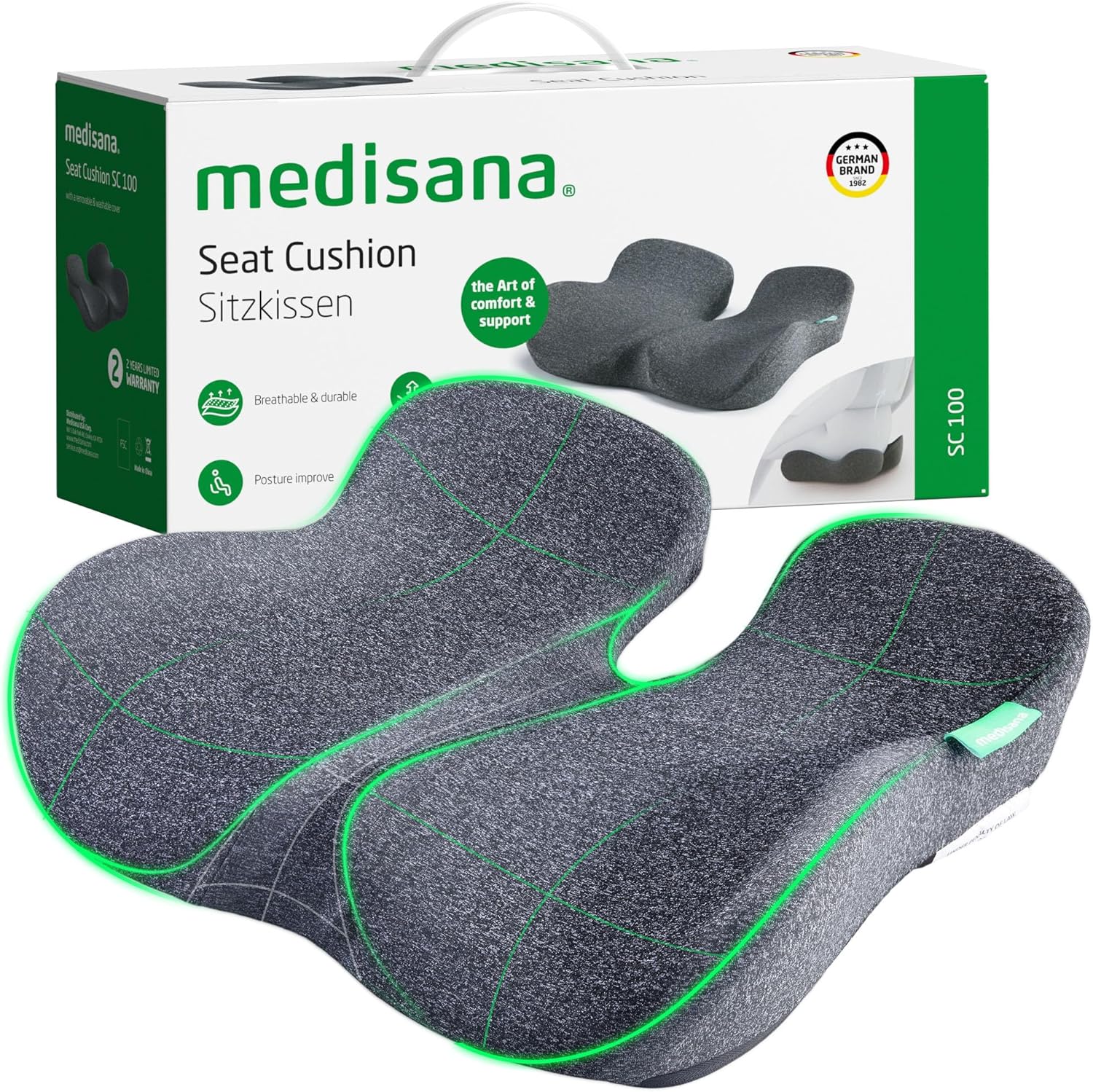 912D4wGZuTL._AC_SL1500_.jpg medisana Seat Cushion, SC 100 Seat Cushions for Office Chairs, Car Seat, Wheelchair - Sciatica & Tailbone & Coccyx Pain Relief Pillow for Driver Sedentary, Gift for Women Men(Size:18*14.6*3.54in-Grey) - Image 1