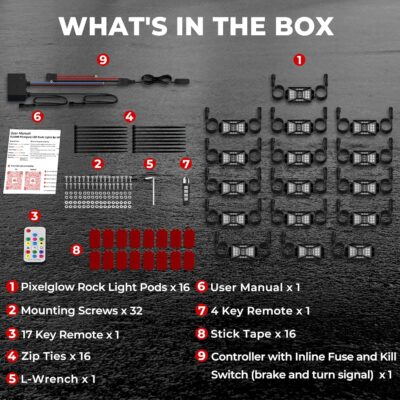 16 Pods Five Sided RGB Rock Lights for Trucks Jeep UTV SUV ATV Golf Cart, Multi Chasing Color App/Remote Control Led Rock Lights with Music Mode, Waterproof Exterior Underglow Kits for Cars - Image 7