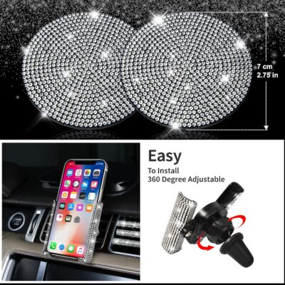 CAR PASS 23 PCS Bling Diamond Car Accessories Set for Women, Leather Seat Covers Full Set Sparkly Rhinestone15'' Steering Wheel Covers Shining Car Floor Mats Cute Aotumotive Interior Sets, Silver - Image 5
