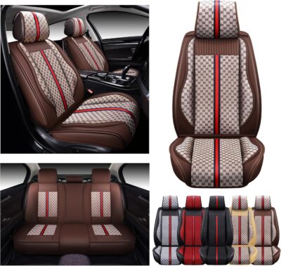 OASIS AUTO Car Seat Covers Full Set, Luxury Stylish Waterproof Faux Leather, Universal Fit for SUV, Sedan, Pick-up Truck, Automotive Interior Protectors (OS-007 Brown) - Image 8
