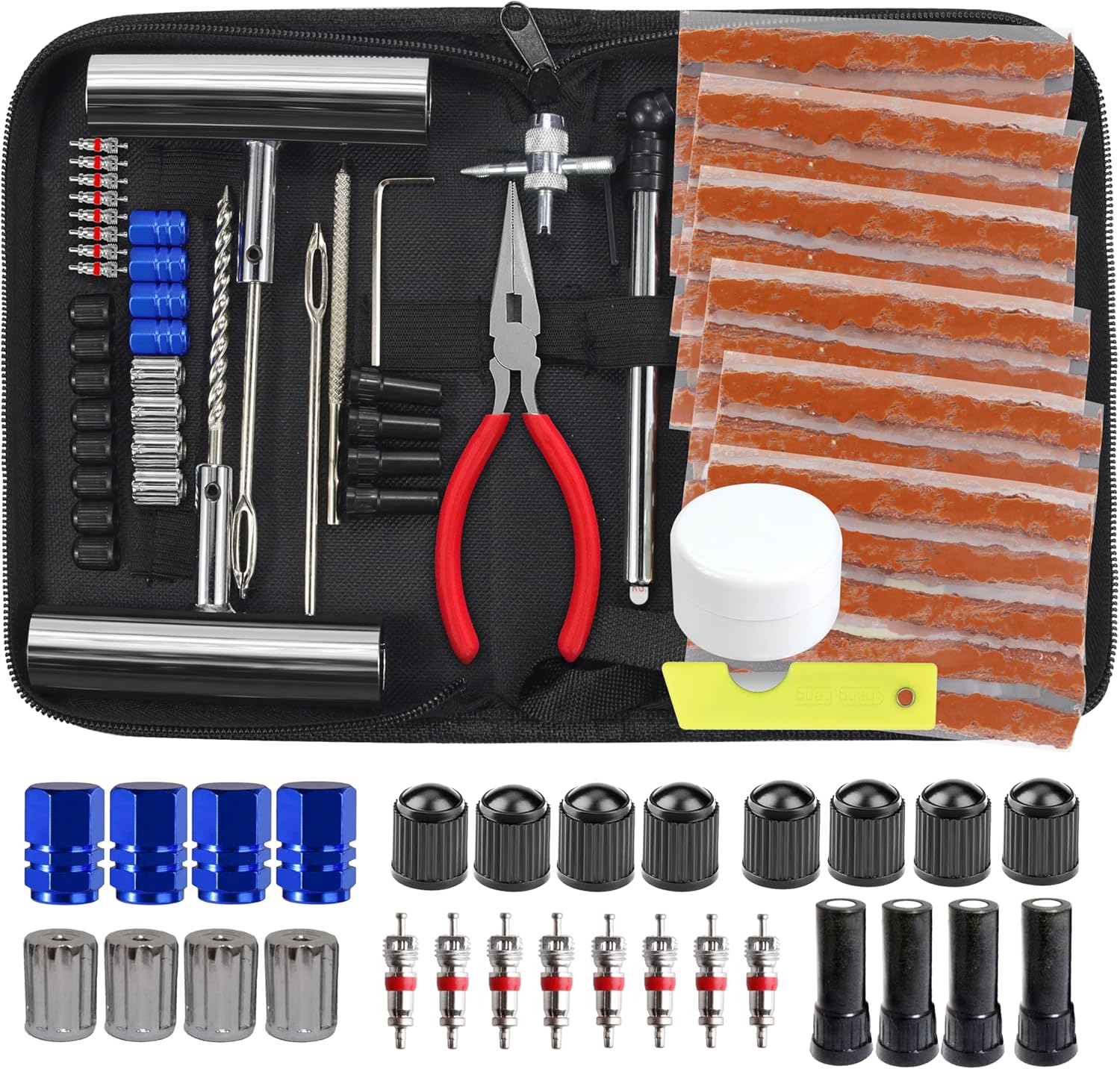91Ftt7OX4nL._AC_SL1500_.jpg Tire Repair Kit, 68pcs Heavy Duty Tire Plug Kit, Universal Tire Repair Tools Flat Tire Puncture Repair for Car, Motorcycle, Truck, SUV, RV, ATV, Tractor, Trailer Fix Punctures and Plug Flats Patch Kit - Image 1