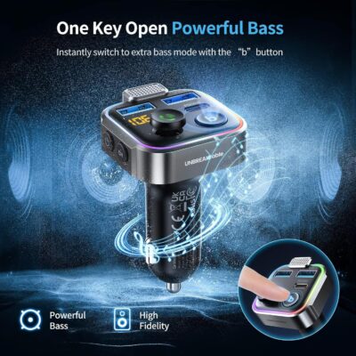 UNBREAKcable Bluetooth FM Transmitter for Car, PD 38W Fast Charging, Wireless Bluetooth FM Radio Adapter, Car Kit with Hands-Free Calls, HiFi Bass Boost MP3 Music Player Support USB Drive - Image 3