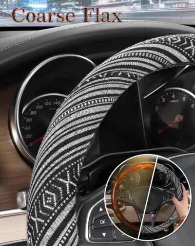 SEG Direct Boho Steering Wheel Cover with Baja Blanket Cloth, Ethnic Style Auto Wheel Cover Made of Coarse Flax, Fits 14 1/2-15 1/4 inches Car Wheel - Image 4