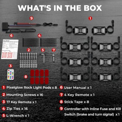 8 Pods Five Sided RGB Rock Lights for Trucks Jeep UTV SUV ATV Golf Cart, Multi Chasing Color App/Remote Control Led Rock Lights with Music Mode, Waterproof Exterior Underglow Kits for Cars - Image 7