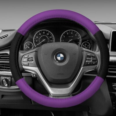 FH Group Light & Breezy Cloth Full Set Car Seat Covers (Purple/Black) Combo Set: Steering Wheel Cover, Seat Belt Pads and Black Vinyl Floor Mats – Universal Fit for Cars Trucks & SUVs - Image 8