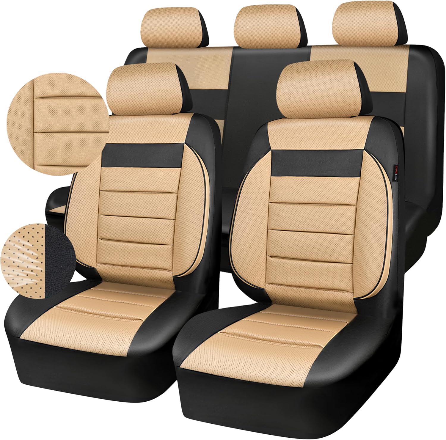 91VGXeLVZOL._AC_SL1500_.jpg CAR PASS Leather Seat Covers Full Set Universal Water Resistant 3D Foam Back Support, Luxury Comfort Automotive 5 Seat Covers All Season Fit for SUV,Sedan,Van, Airbag Compatible Elegance(Beige Black) - Image 1